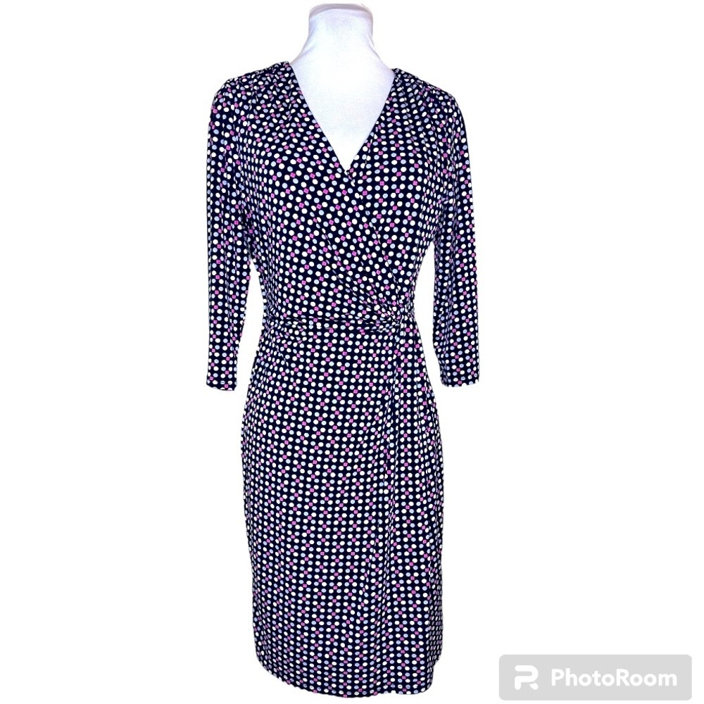 ELLEN TRACEY FAUX WRAPPED DRESS Stretchy Long Sleeve black pink white gray small